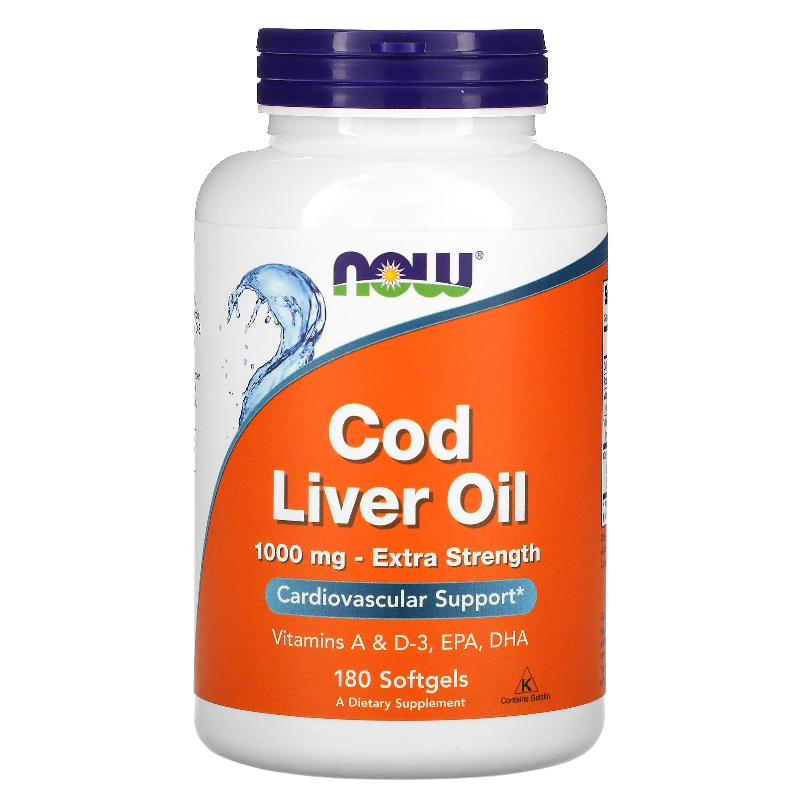 NOW Foods Cod Liver Oil 1000mg 180softgels - Kwasy Omega-3, Witaminy A i D3