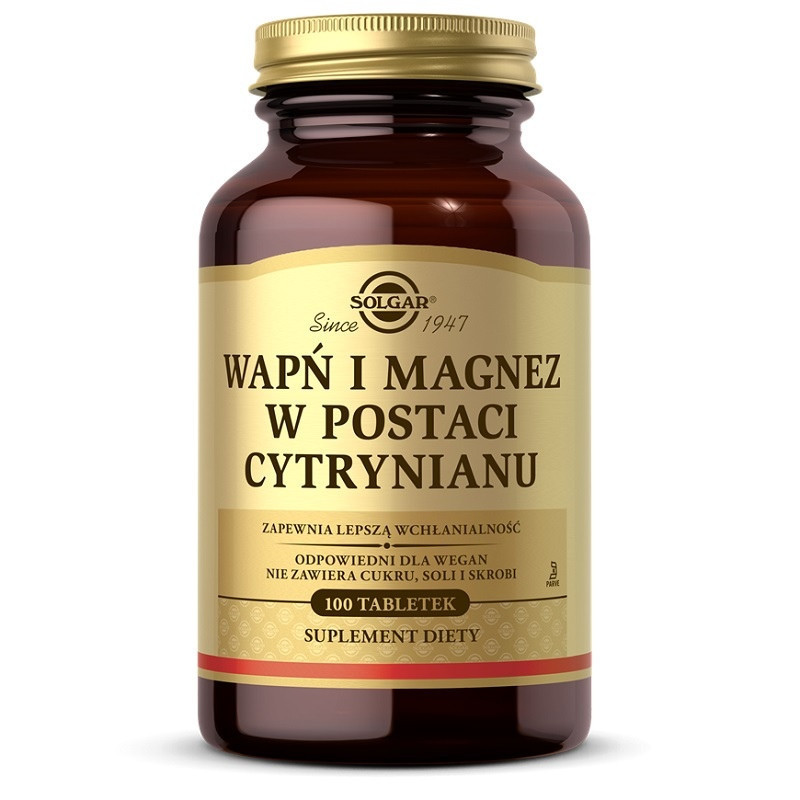 Solgar Wapń i Magnez Cytrynian 100tab - Wsparcie dla kości i mięśni