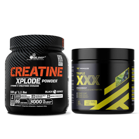 Olimp Creatine Xplode + PROMAKER Triple XXX - Zestaw Kreatynowy i Przedtreningowy