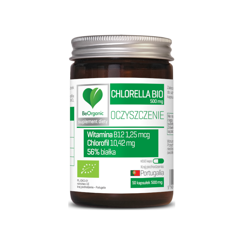 BeOrganic Chlorella BIO 500mg - Oczyszczanie, Energia, 50 kapsułek
