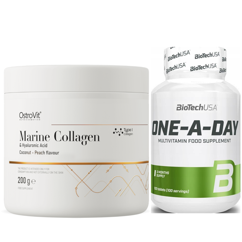 OstroVit Marine Collagen & Hyaluronic Acid + BioTechUSA One-A-Day - Zestaw na Piękną Skórę