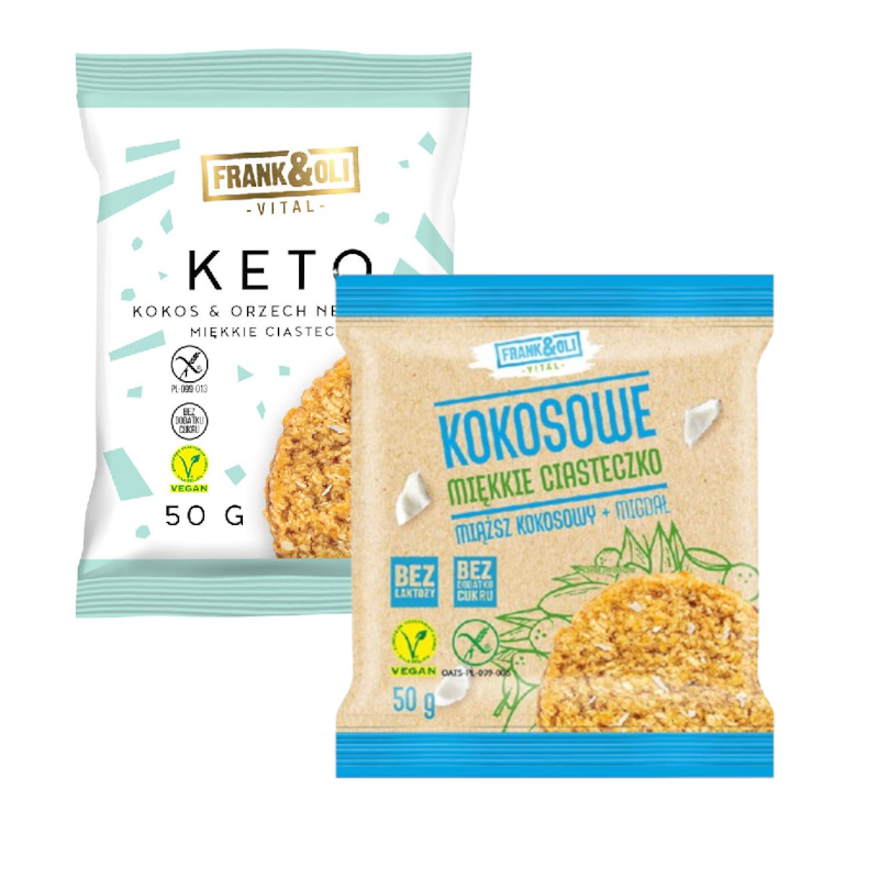 Frank&Oli Keto Ciastko Kokos & Orzech Nerkowca + Miękkie Ciasteczko Kokosowe z Migdałem 50g - Dietetyczna przekąska