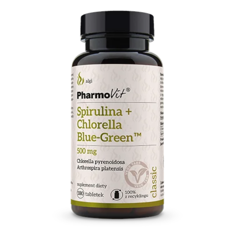 Pharmovit Spirulina+Chlorella 500mg 180tab - wsparcie odporności i detoksykacji