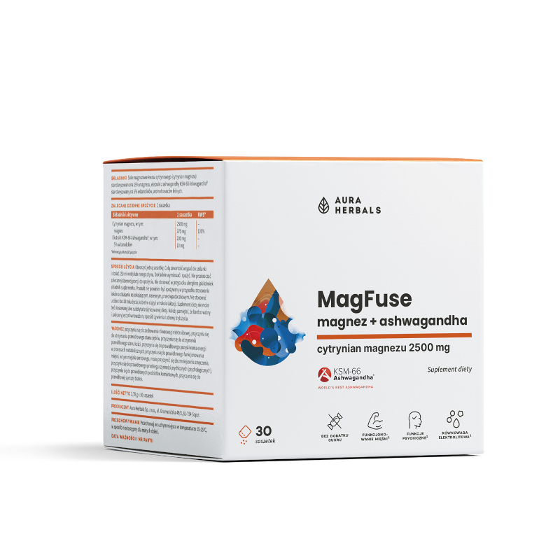 Aura Herbals Magfuse Magnez + Ashwagandha 30 saszetek - Skuteczny na stres i zmęczenie