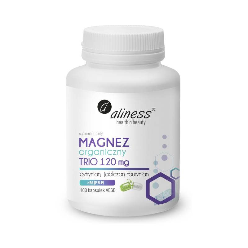 Aliness Magnez Organiczny Trio + B6 - 100 kapsułek | Magnez dla Kobiet i Mężczyzn