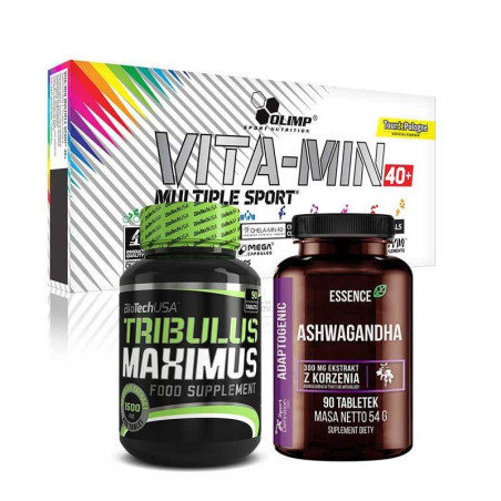 Świąteczn zestaw dla taty BiotechUsa Tribulus Maximus 90tab+Olimp Multiple Sport 60caps+Essence Ashwagandha 90tab